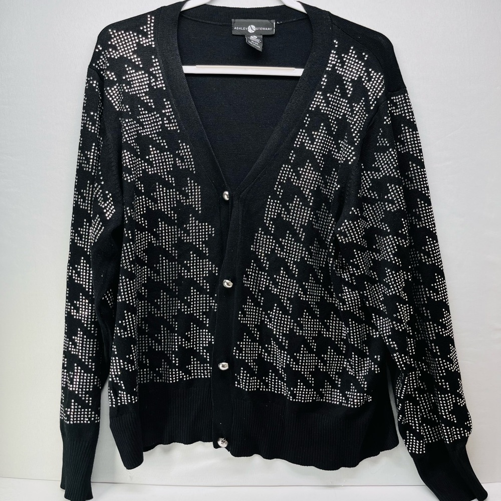 Ashley‎ Stewart black houndstooth cardigan with rhinestone embellishments